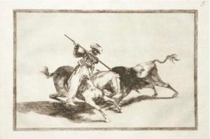 1816年に描かれた、フランシス・デ・ゴヤ筆「勇壮なるモロー人ガスールは規則に従い牡牛を槍で突いた最初の人(闘牛技(ラ・タウロマキア)より)」の作品