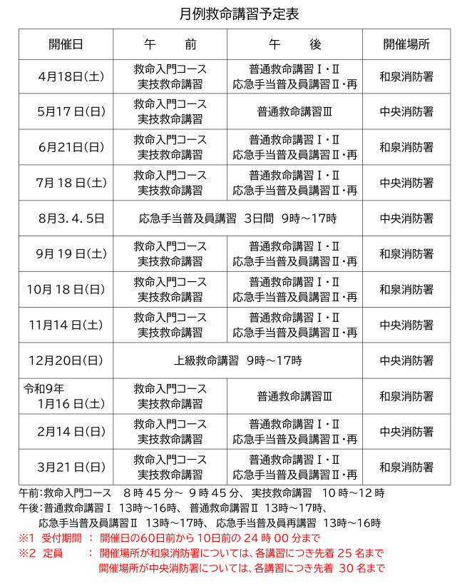 月例救命講習予定表