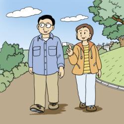 男女二人で散歩道をウォーキングしているイラスト