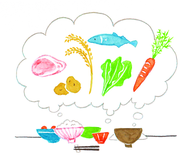食事の素材はなにか考えるイラスト
