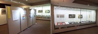 パネル展示とショーケース展示の様子を撮影した2枚の展示室内の写真