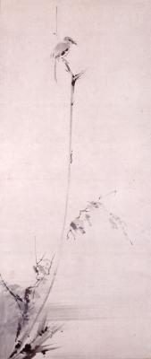 和泉市久保惣記念美術館に収蔵されている重要文化財、枯木鳴鵙図（宮本武蔵筆）の写真