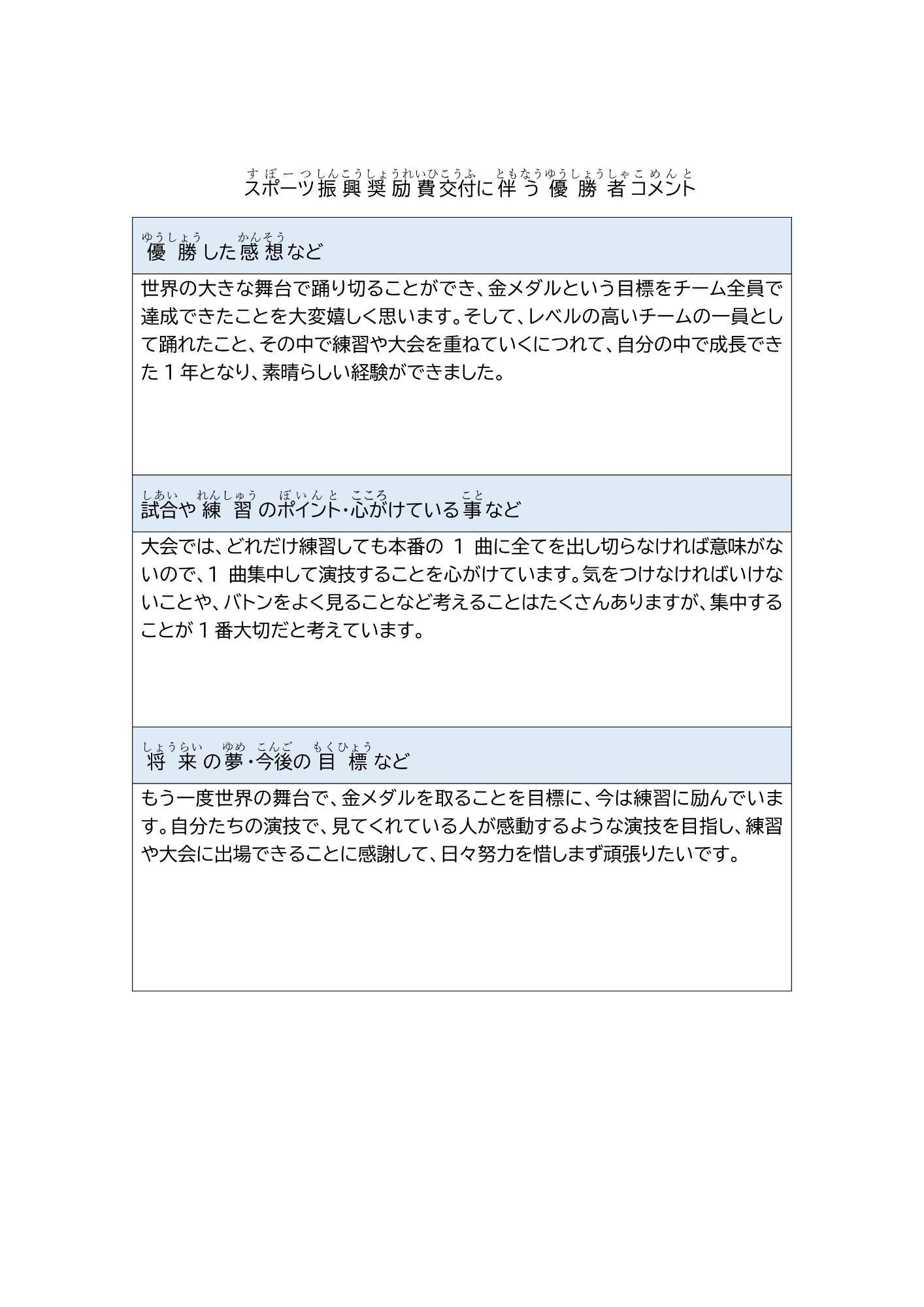 山田さんの優勝者コメント
