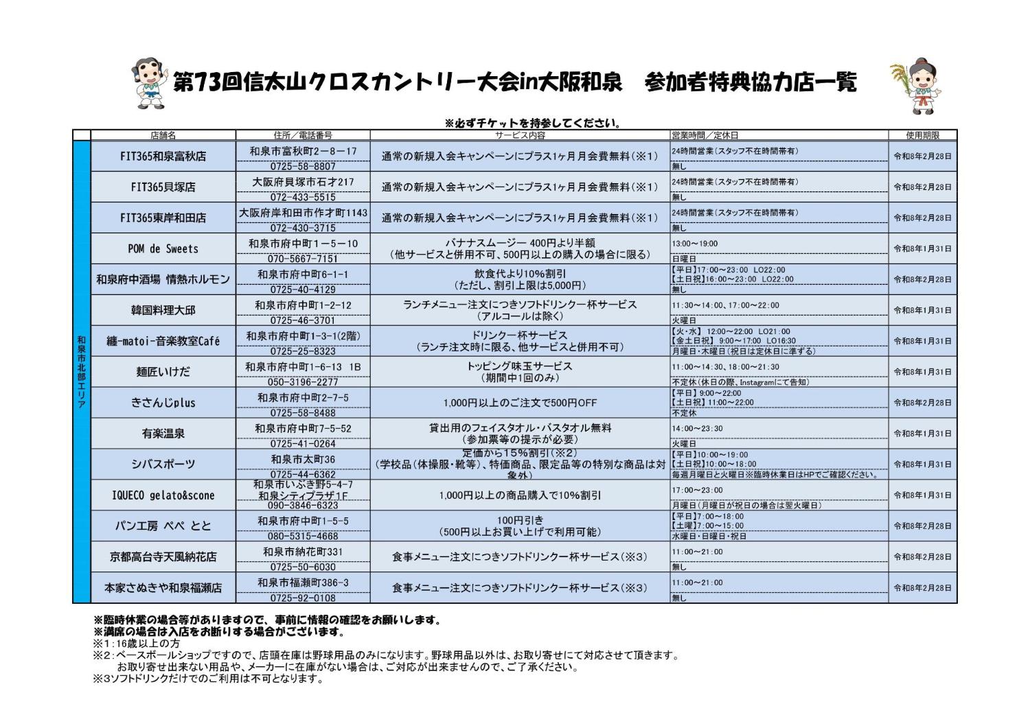 第73回信太山クロスカントリー大会 参加者特典協力店一覧